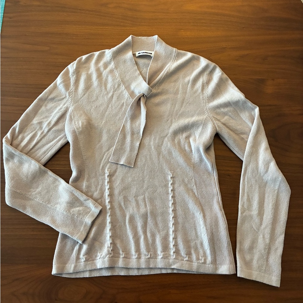 Jil Sander cashmere champagne tie sweater with tie
